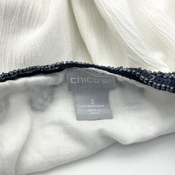 Chicos White Gauze 3/4 Sleeve V-Neck Lined Navy Beaded Embellished Tunic 16/18 - Picture 11 of 14